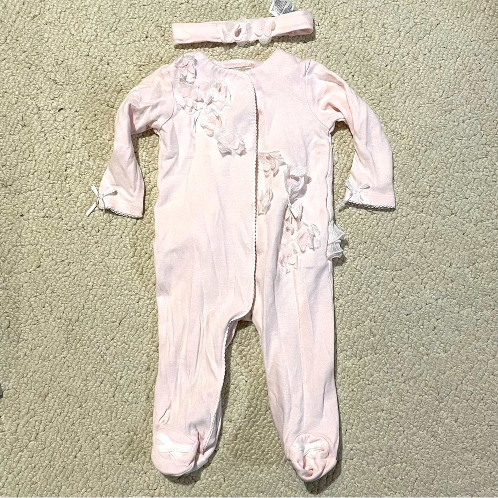 Nordstrom formal pink one piece ruffle flowers snaps bows headband 6 months